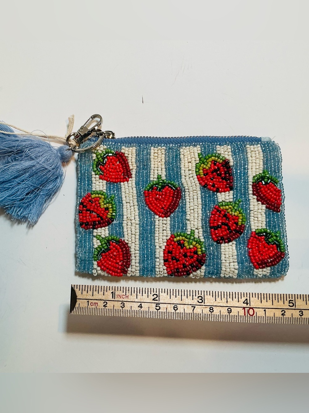 * NWOT Beaded Strawberry Stripe Zippered Pouch - Blue & Red
